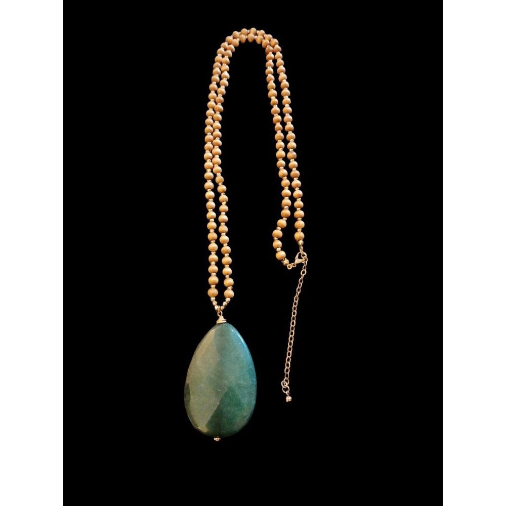 Vintage Green Quartz Large Tear Drop Pendant Wood Gold Metallic Bead Necklace